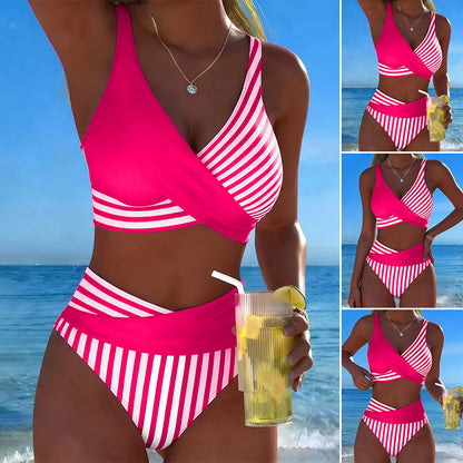 🏊‍♀️【Časově omezená speciální nabídka】❤️‍🔥Dvoudílné, barevné bikiny s bloky a pruhy🌊