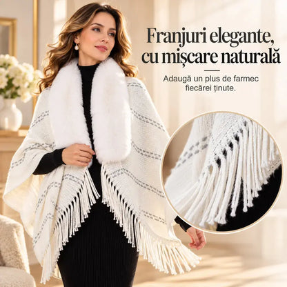 ✨ Kötött téli kendő bolyhos gallérral és elegáns rojtokkal · Kényelmes, laza fazonú poncsó-kardigán nőknek!