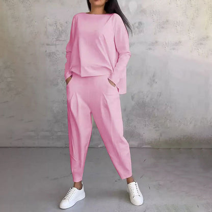 😊【S-5XL】💖Komplet hlač z dolgimi rokavi in okroglim izrezom, dvodelni komplet