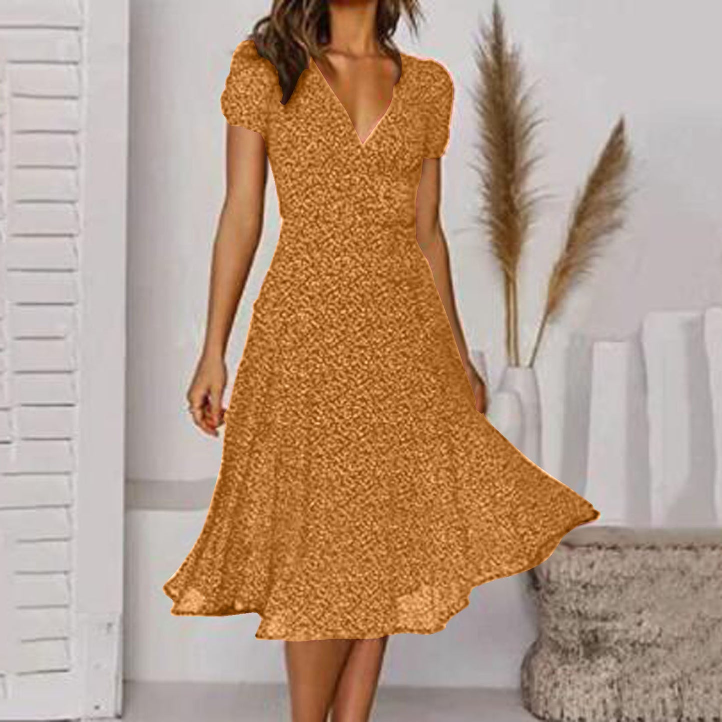 🌈💃【Sleva 50 % 🔥】👗😍 Nové dámské šaty 2026 ve větších velikostech s výstřihem do V a krátkými rukávy, květinové šaty s puntíky ve větších velikostech