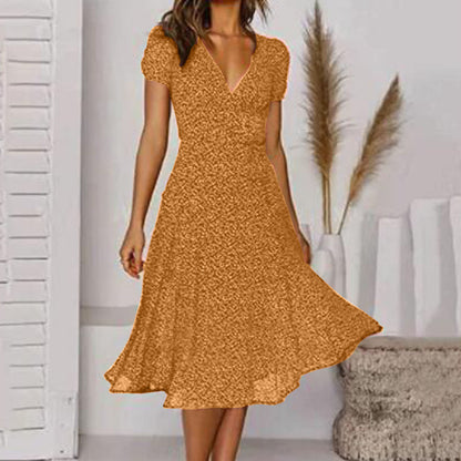 🌈💃【Sleva 50 % 🔥】👗😍 Nové dámské šaty 2026 ve větších velikostech s výstřihem do V a krátkými rukávy, květinové šaty s puntíky ve větších velikostech