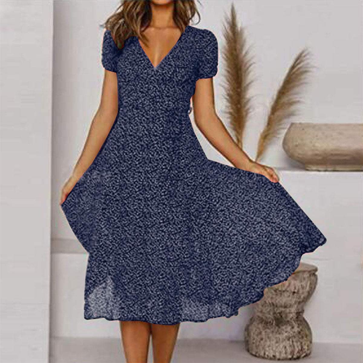 🌈💃【Sleva 50 % 🔥】👗😍 Nové dámské šaty 2026 ve větších velikostech s výstřihem do V a krátkými rukávy, květinové šaty s puntíky ve větších velikostech