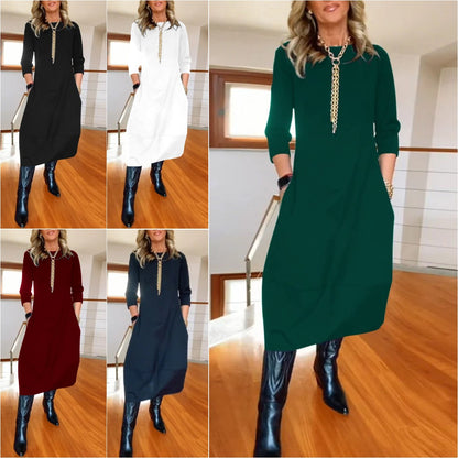 👗【S-5XL】Elegante vestido de algodón de color liso con mangas largas 4183538