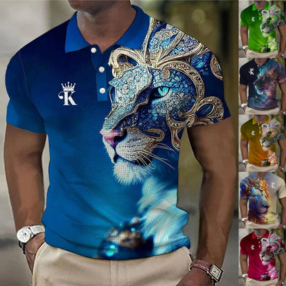 【Novi modeli sniženi 45%.】【S-6XL】Męska koszulka polo z nadrukiem 3D z lwem-3919209