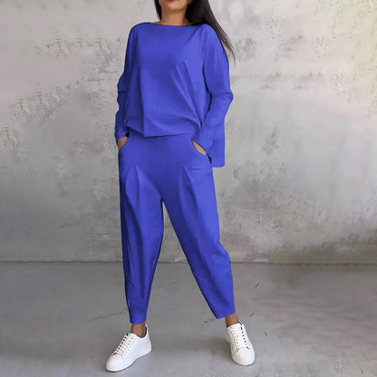 😊【S-5XL】💖Komplet hlač z dolgimi rokavi in okroglim izrezom, dvodelni komplet