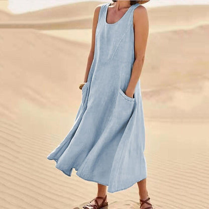 🌈👗【7 barev, S-5XL】💖 Nové elegantní jednobarevné šaty bez rukávů s kulatým výstřihem z bavlny a lnu na léto 2026.