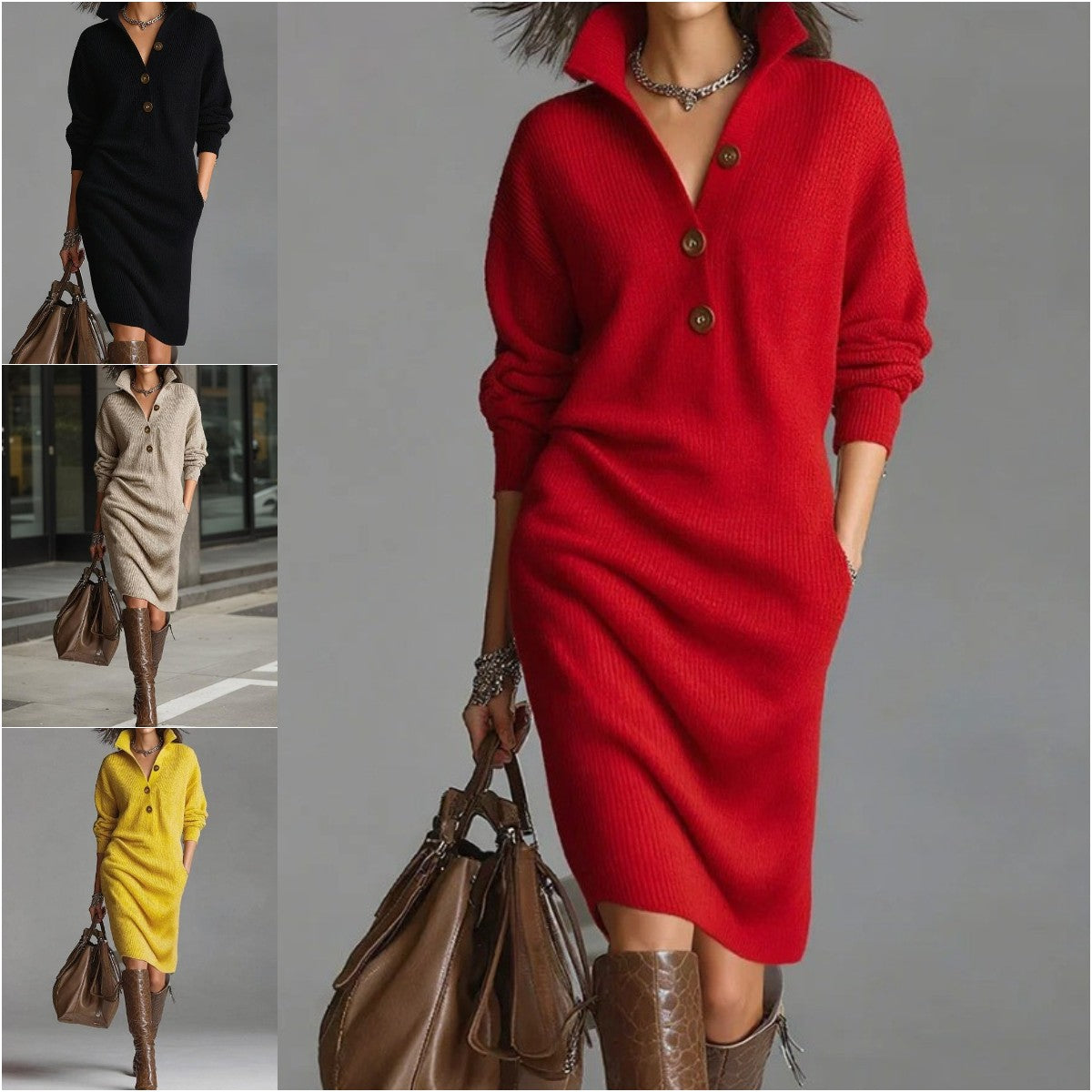 🔥🌷【Producto destacado】【Tallas S-3XL】✨🎉Nuevo vestido de punto con diseño de solapa 4168809