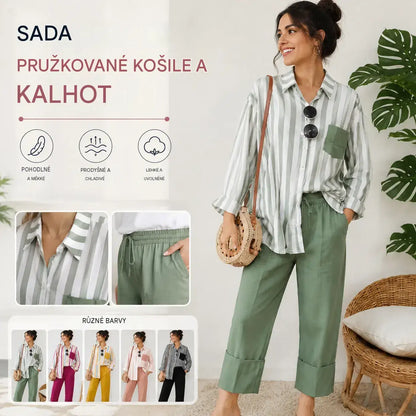 ⏳✨【S-5XL】Nová módní ležérní souprava (pruhovaná košile s potiskem + kalhoty)