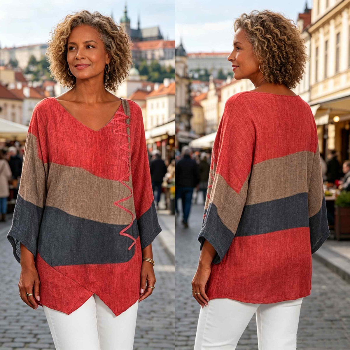 ⏳ Poslední den – sleva 50 % 😍【S~5XL】Dámský elegantní ležérní top s výstřihem do V a dlouhým rukávem, uměleckým vzorem a potiskem
