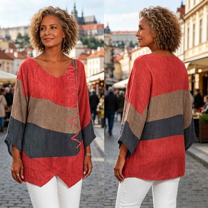 ⏳ Poslední den – sleva 50 % 😍【S~5XL】Dámský elegantní ležérní top s výstřihem do V a dlouhým rukávem, uměleckým vzorem a potiskem