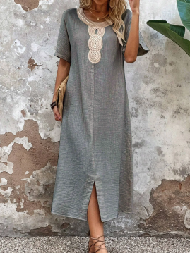 🧚‍♀️👗【Sleva 50 % 🔥】【S-3XL】💖Letní volné dámské šaty s kulatým výstřihem, krajkou, krátkým rukávem, z čisté bavlny a lnu, s rozparkem