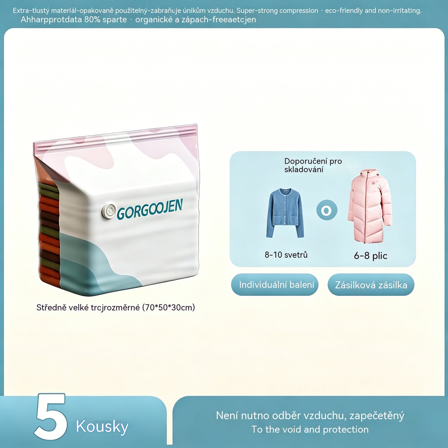 🧳 5 kusy  💨 Velký, stlačitelný vakuový úložný sáček: není potřeba pumpička, nepropustný a ideální pro úsporu místa v kufrech i doma ✈️