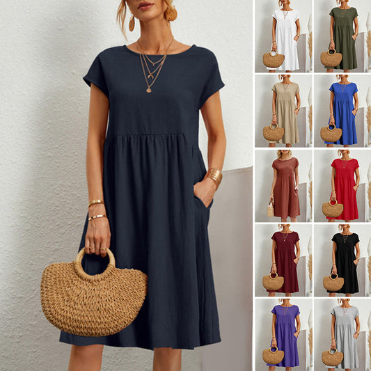 👗💖💖【S-5XL】2026 új női pamut-len ruha – kerek nyakú, bő szabás