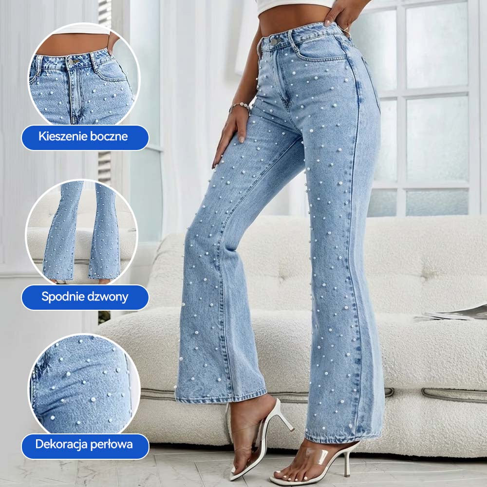 Modne, wyszczuplające spodnie damskie plus-size z denimu spranego z koralikami-4255671