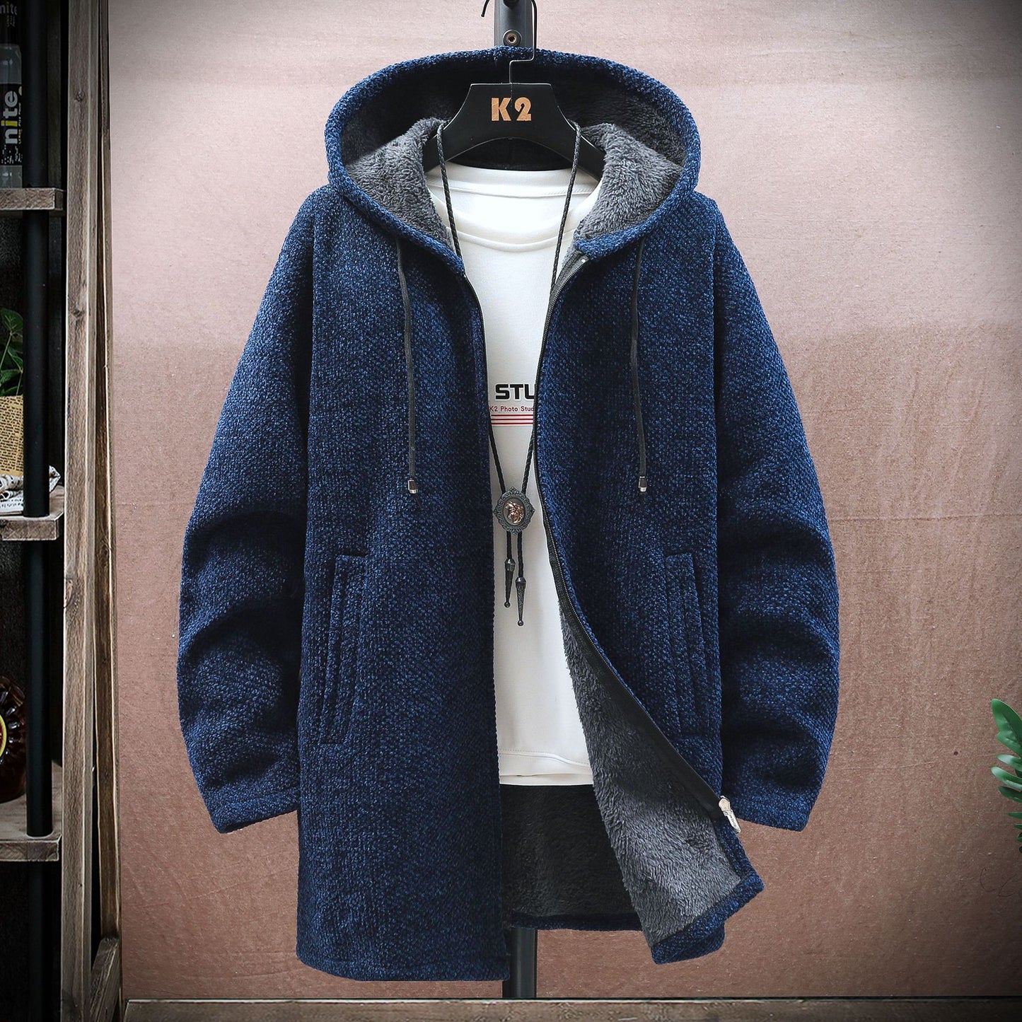 【M-5XL】Męski sweter dzianinowy z kapturem, średniej długości-4177384