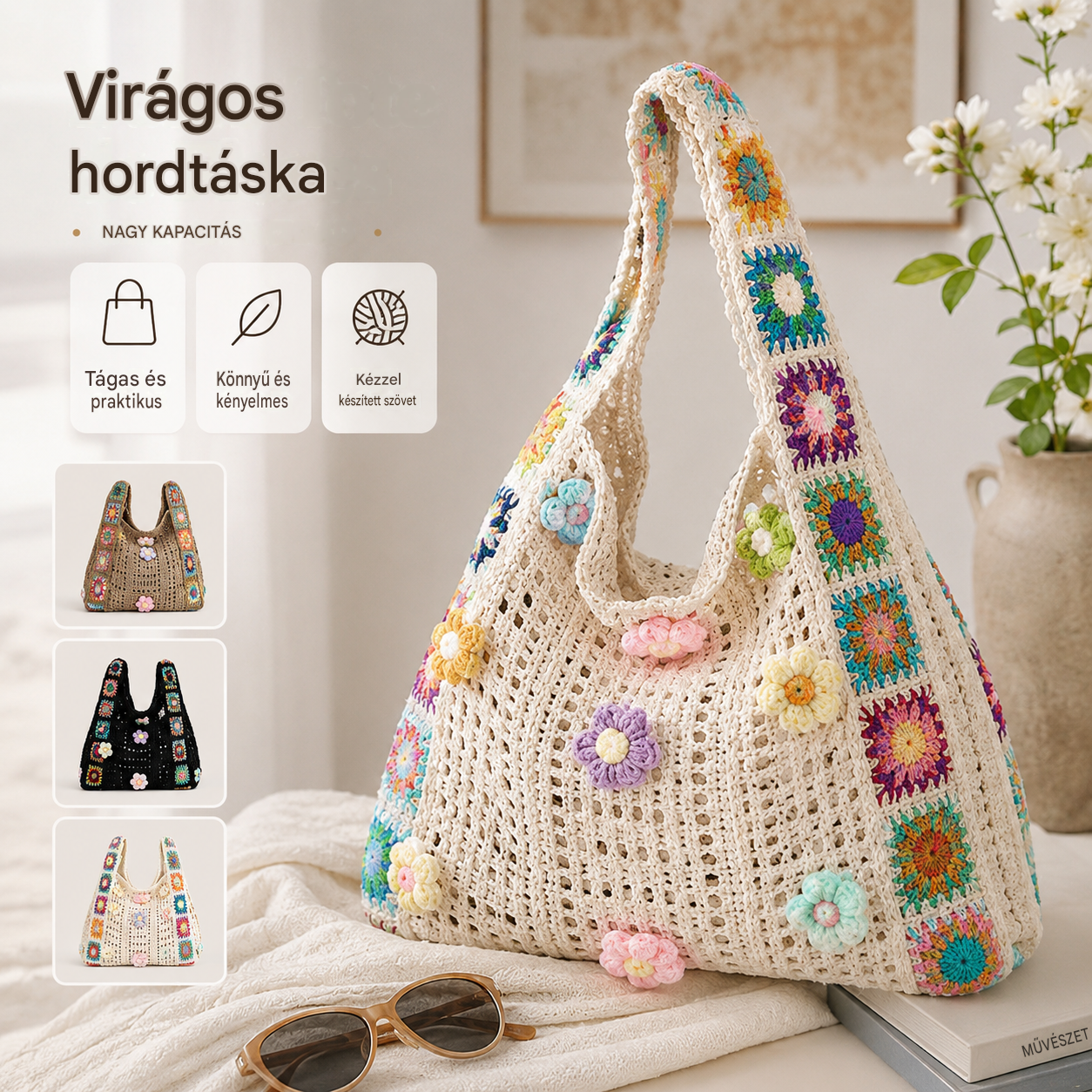 📢📢 Féláron! ⏰ Női boho horgolt táska – kézzel készített, egyedi design ✨