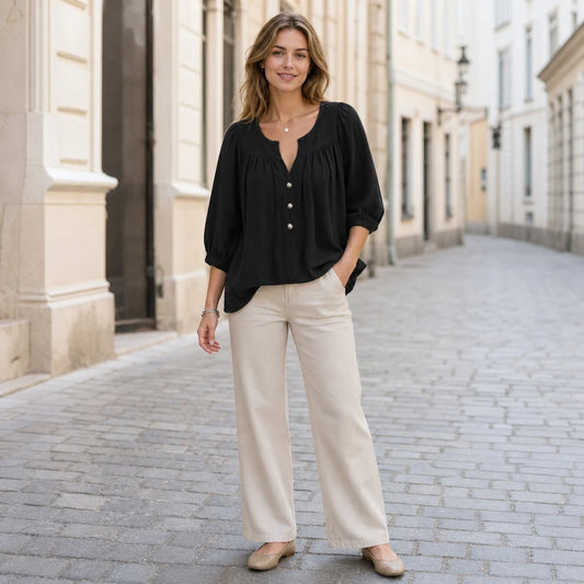 👚 Dámská letní košile s lněným vzhledem – V-výstřih, měkká, prodyšná a hladká na dotek ✨ Perfektní na každý den! 🌿