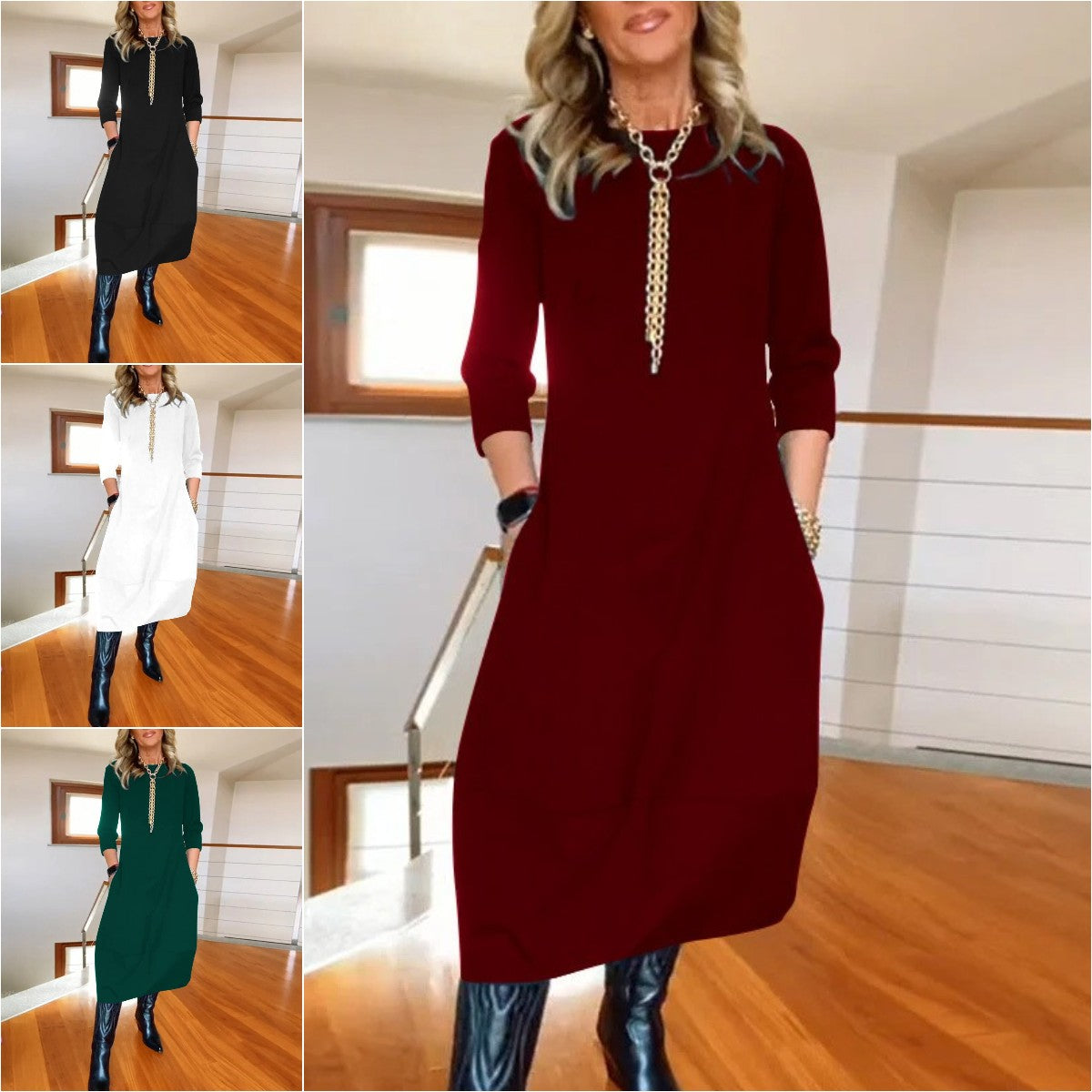 👗【S-5XL】Elegante vestido de algodón de color liso con mangas largas 4183538