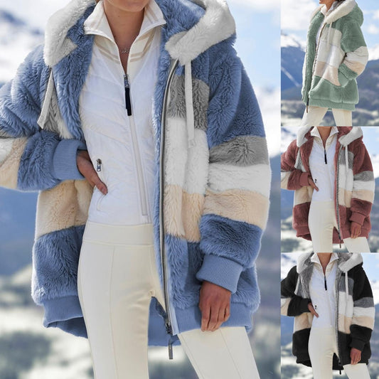 ☃️❄️[S-5XL] Ženska jakna 2025 s kontrastnimi črtami iz debelega pliša-4152276