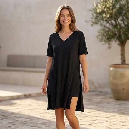 🌿 Nagy méretű női nyári szett – hosszú póló oldalhasítással + rövidnadrág 👗 Puha, sztreccs és lélegző anyag, maximális kényelem egész nap! ✨