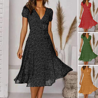 🌈💃【Sleva 50 % 🔥】👗😍 Nové dámské šaty 2026 ve větších velikostech s výstřihem do V a krátkými rukávy, květinové šaty s puntíky ve větších velikostech