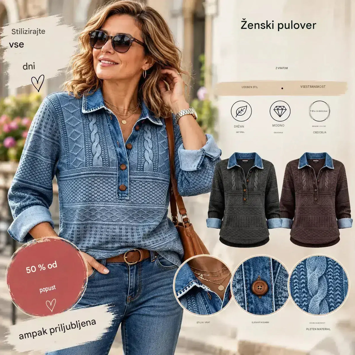 🌺🔥 50 % popust | Ženski retro zgornji del z detajli iz džinsa [S–5XL] – Teksturiran vzorec, ovratnik in udoben, ohlapen kroj
