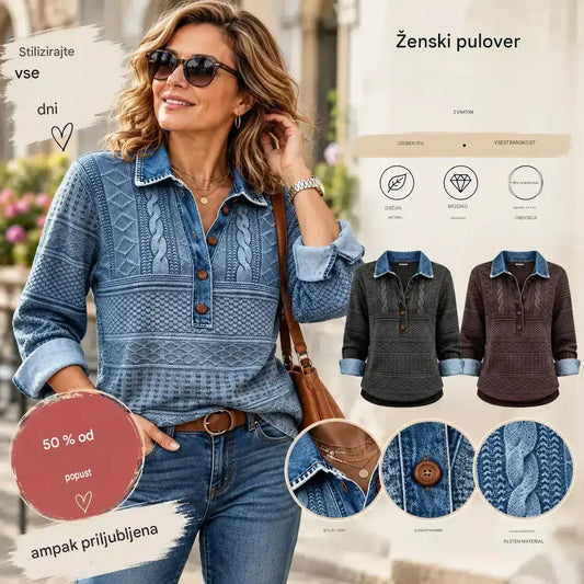 🌺🔥 50 % popust | Ženski retro zgornji del z detajli iz džinsa [S–5XL] – Teksturiran vzorec, ovratnik in udoben, ohlapen kroj