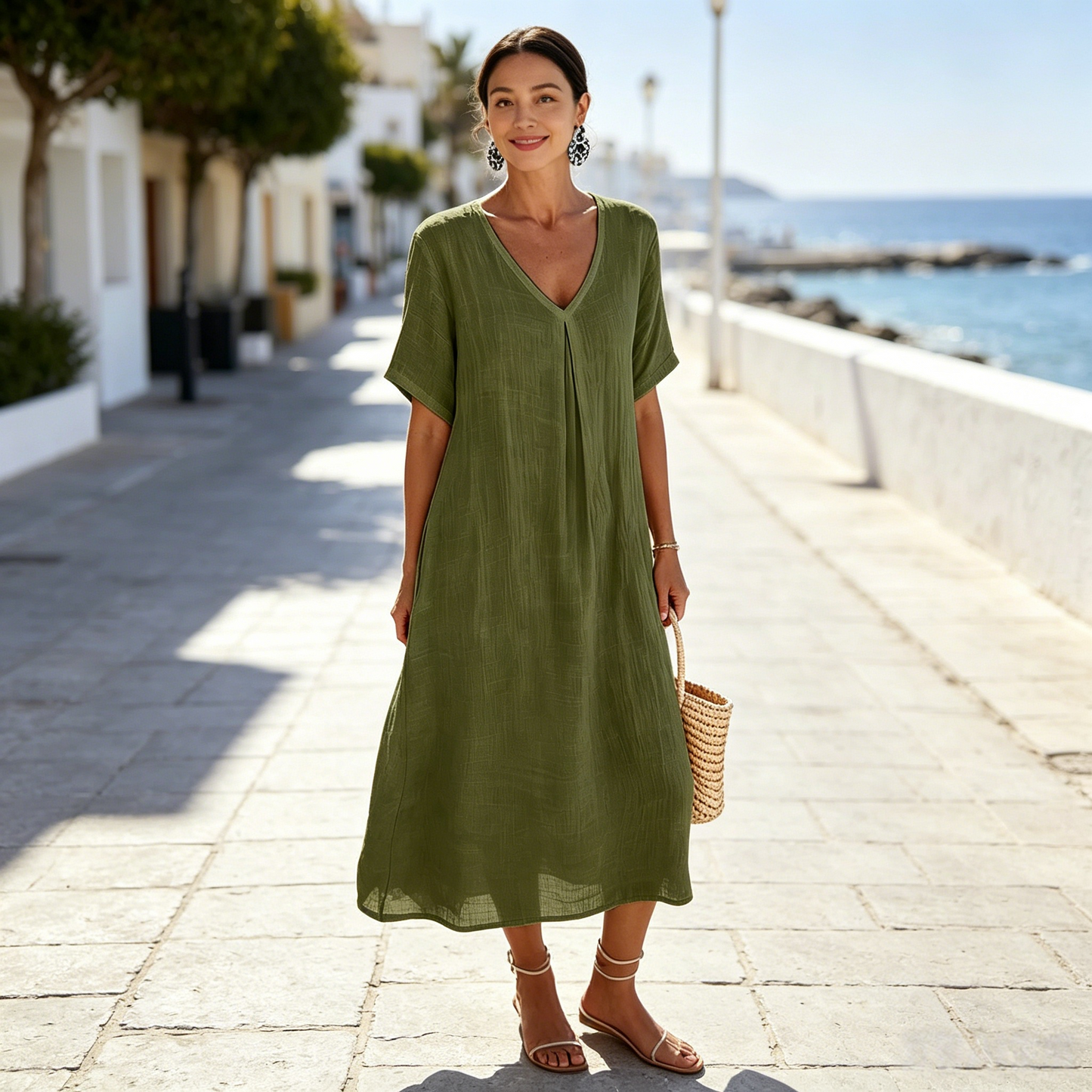 ✨Poslední den 50% sleva【S-3XL】Letní lněné šaty s výstřihem do V, ležérní a stylové.
