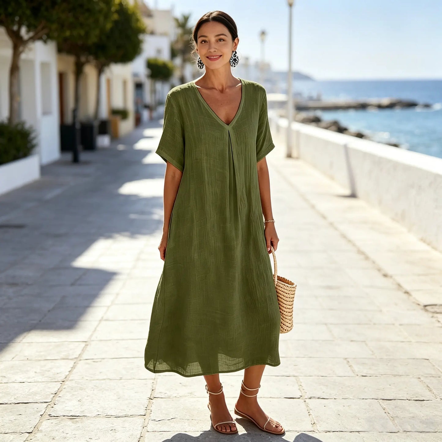 ✨Poslední den 50% sleva【S-3XL】Letní lněné šaty s výstřihem do V, ležérní a stylové.