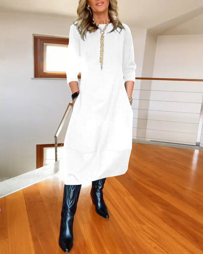 👗【S-5XL】Elegante vestido de algodón de color liso con mangas largas 4183538