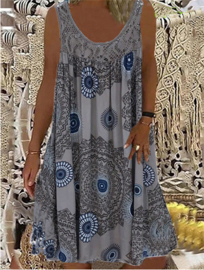 🎁👗 [S-5XL] Dámské letní šaty s límečkem bez rukávů s potiskem