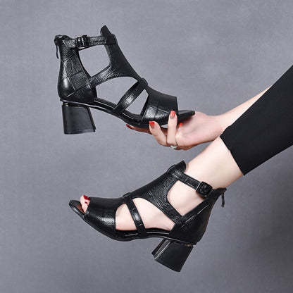 👡【35-40】Nowe miękkie, miękkie skórzane, dno ryby, pysk ryby, wydrążone usta, grube sandały rzymskie na obcasie-3909025