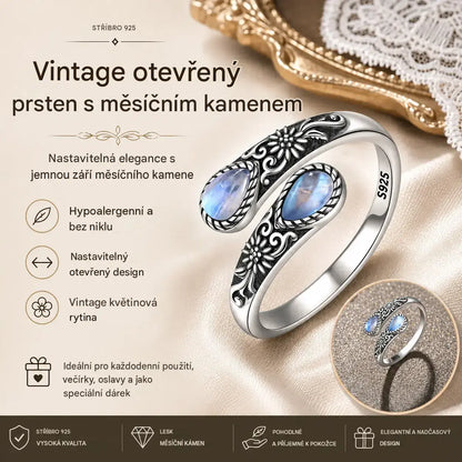 Poslední den! 50% sleva na retro prsten s květinovým motivem a měsíčním kamenem. Nastavitelná velikost. Nadčasová elegance.