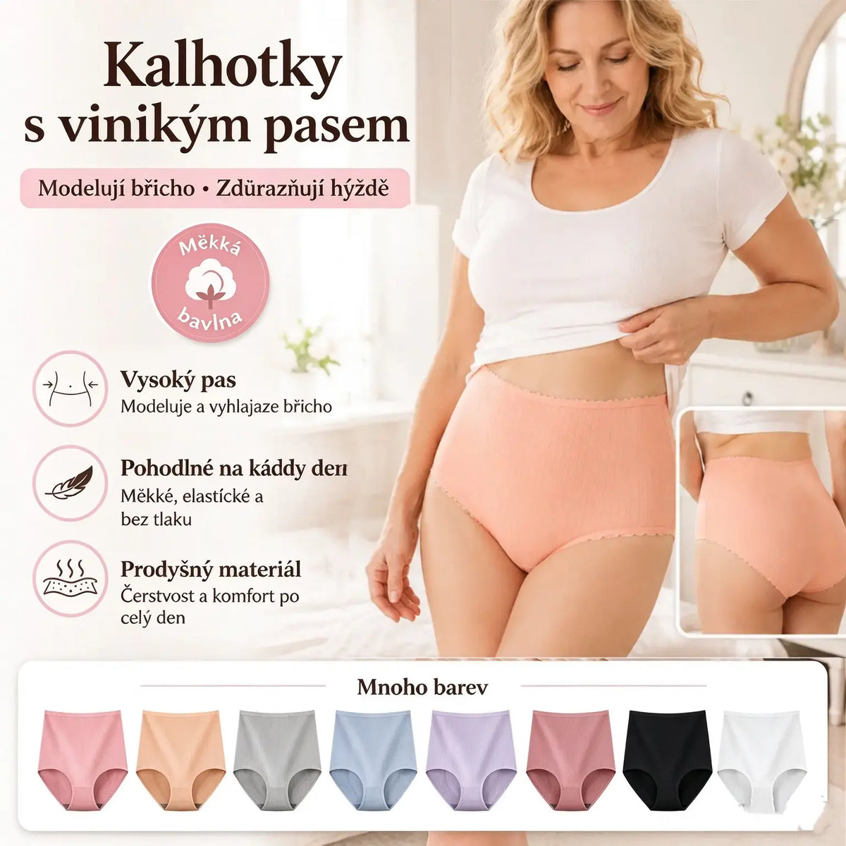 🔥【Sada 8 kusů】🔥 Poslední den: 50% sleva 🔥 Dámské kalhotky s vysokým pasem, prodyšné a pohodlné, s hřejivým střihem, který neškrtí a dobře přiléhá.