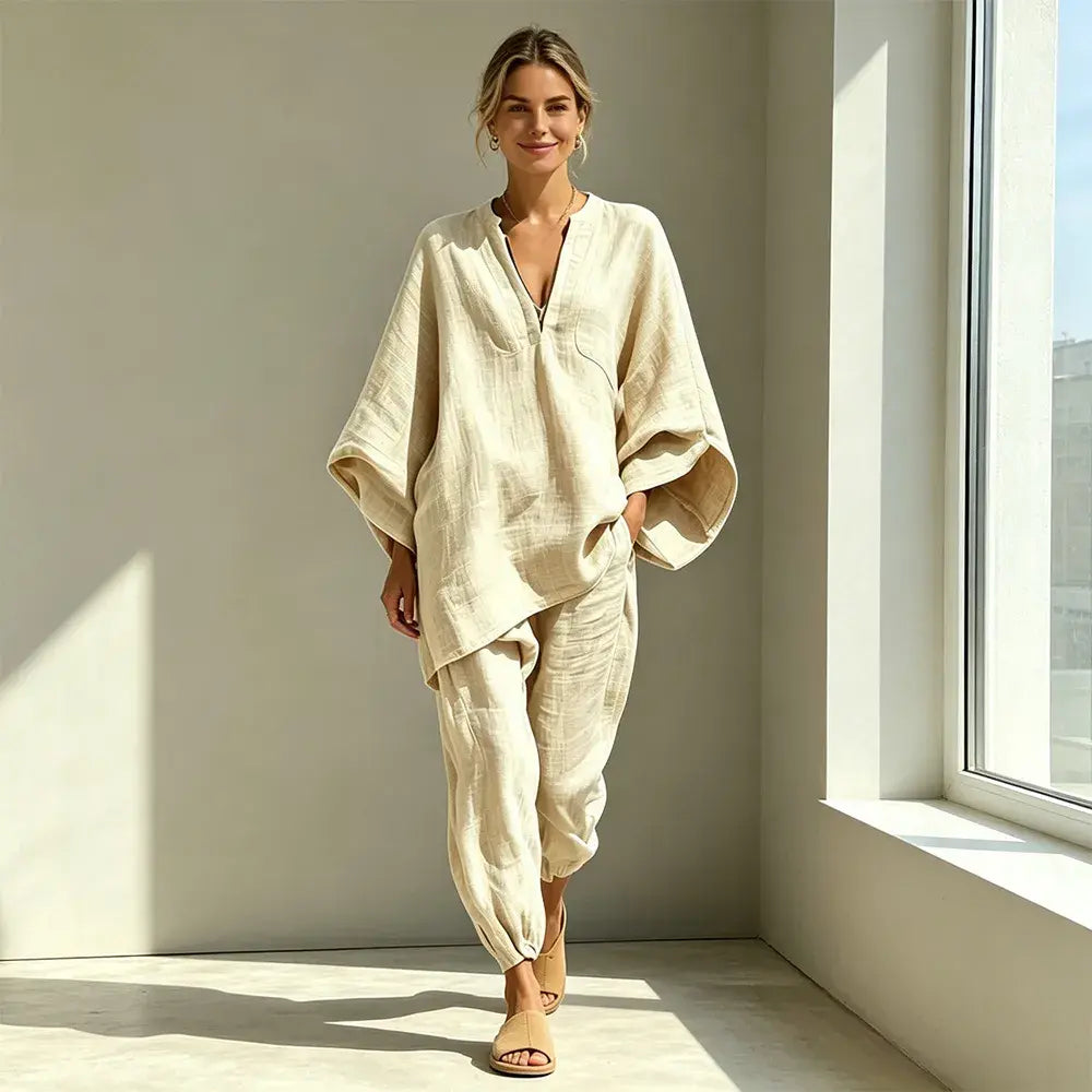 【S-3XL】👗✨ Souprava s volným výstřihem a širokým lemem, netopýřími rukávy, ležérní design, volný střih, ideální pro každodenní nošení - pohodlná a všestranná ✨🌸