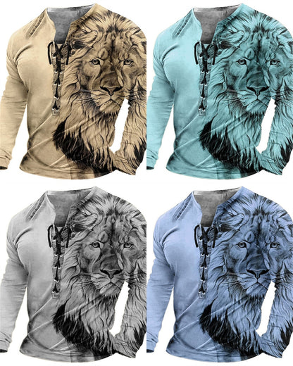 🦁🦁Męski, swobodny T-shirt z długim rękawem i nadrukiem 3D