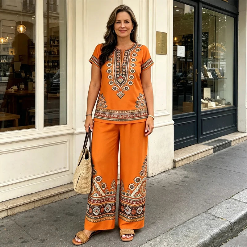 🥼 Compleu de Vară Premium: Bluză cu Decolteu în V și Pantaloni Lejeri – Material Fluid, Efect de Alungire, 6 Culori, S-2XL! ✨☀️