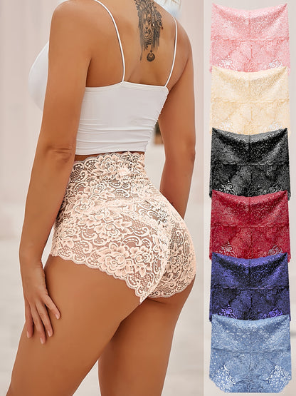 💕【6 ks】💕【55–100 kg】Letní dámské kalhotky s vysokým pasem pro tvarování postavy, krajkový design, pohodlné na nošení