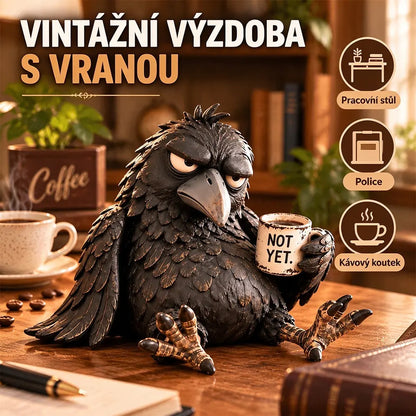😝✅Pryskyřicová figurka „Nevrlá vrána s kávou“ – dekorace ve vintage stylu
