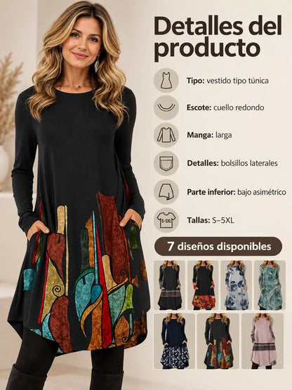 👗Poslední den – sleva 50 %【S–5XL】Dámské podzimní a zimní šaty s retro potiskem ve větších velikostech, lichotivý střih