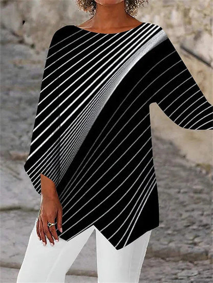🌹2025 Wiosna i Lato Nowy Geometryczny Nadruk Długi Rękaw Okrągły Dekolt Damska Koszulka T-shirt-3943500
