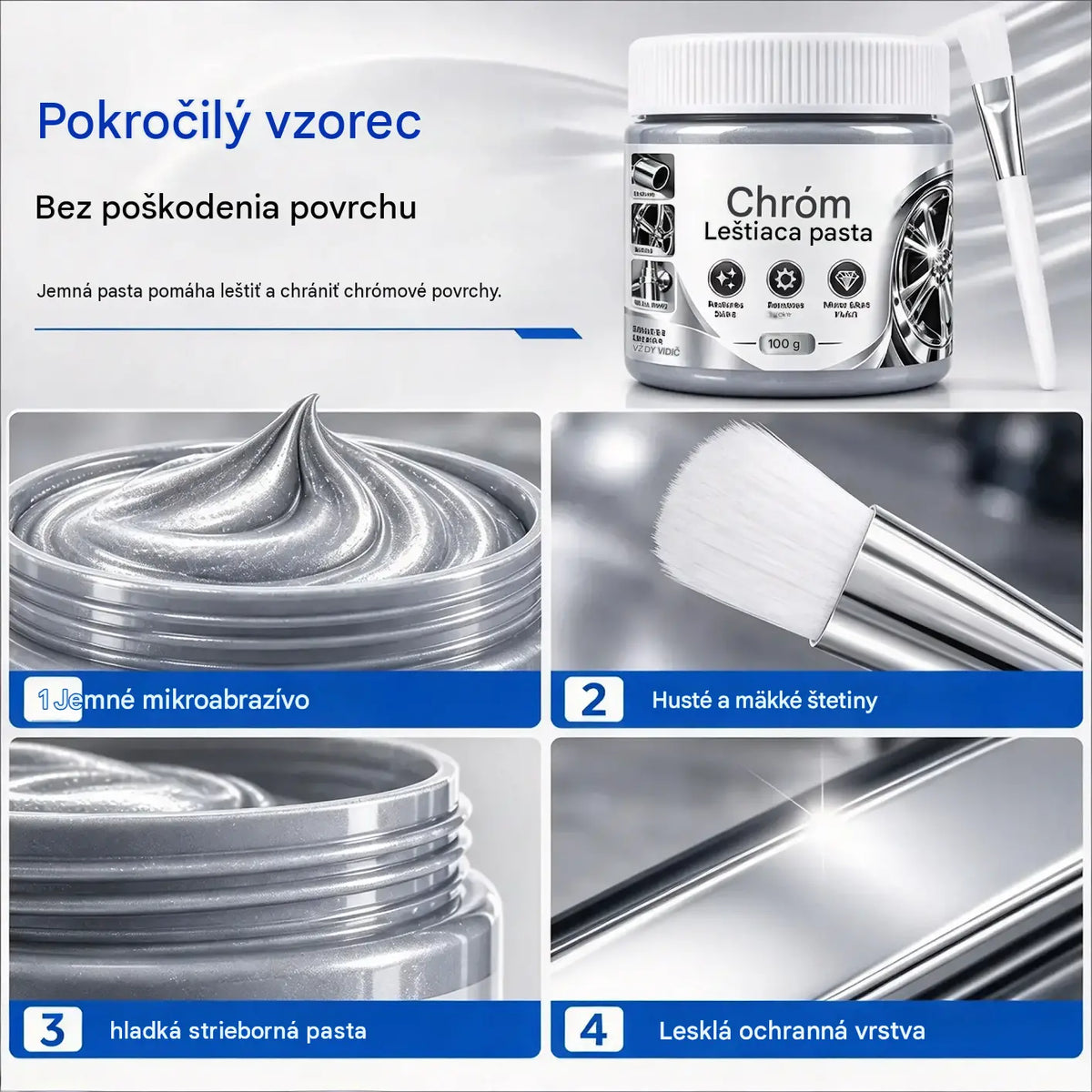 🔥 Sada 3 ks 🛡️ Lešticí pasta na renovaci a opravu chromovaných dílů (včetně kartáčku)