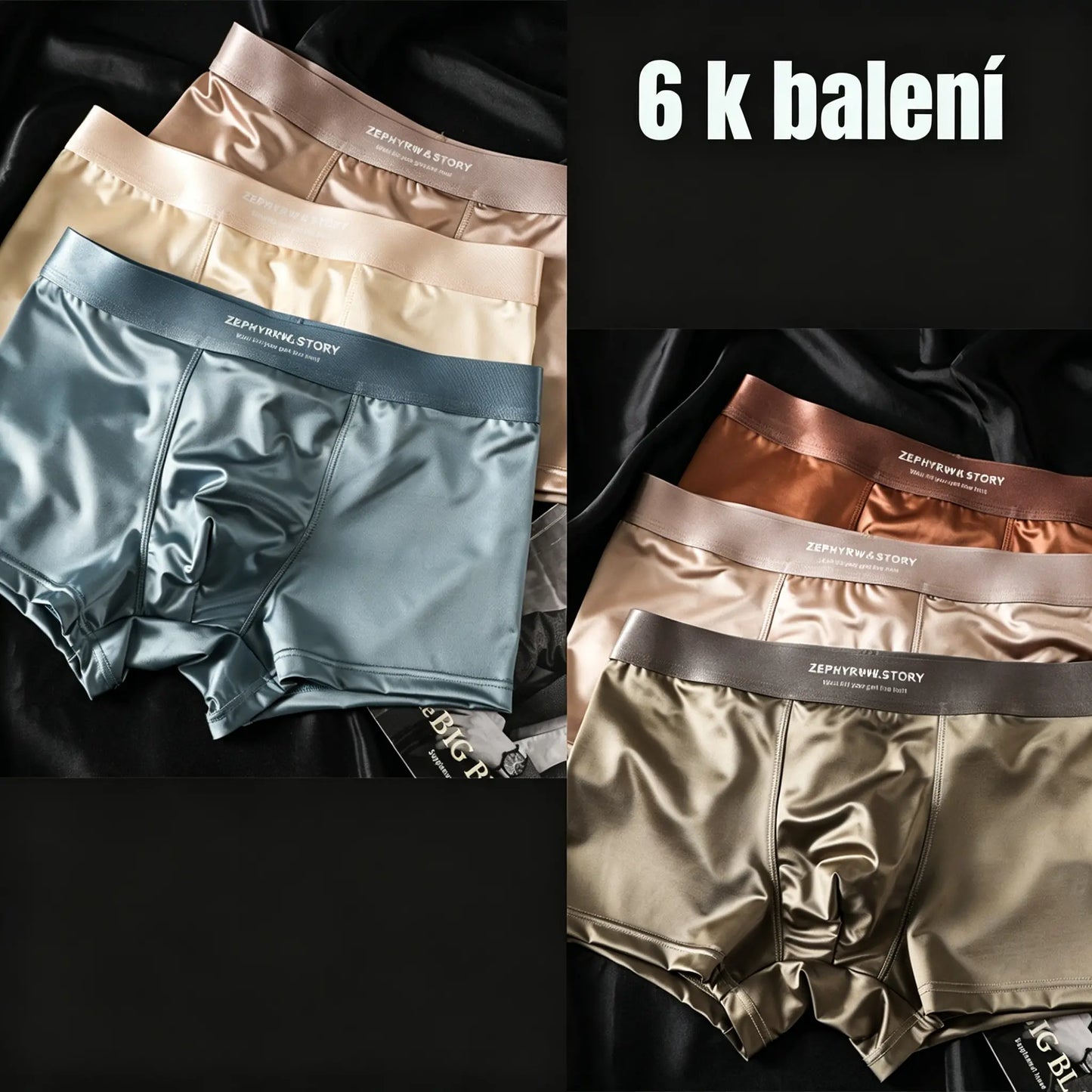 🔥🩲【Balení po 6 kusech】Nové pánské boxerky z ledového hedvábí - Prodyšné letní saténové pánské kalhotky