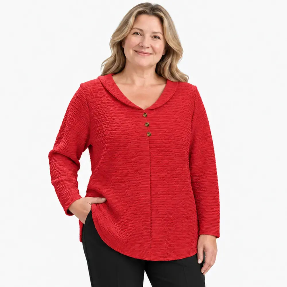 💖💖【XL-5XL】💖 Nový dámský jednobarevný top ve větších velikostech se zapínáním na knoflíky, vyrobený z texturovaného, plisovaného materiálu a doplněný kulatým límečkem.