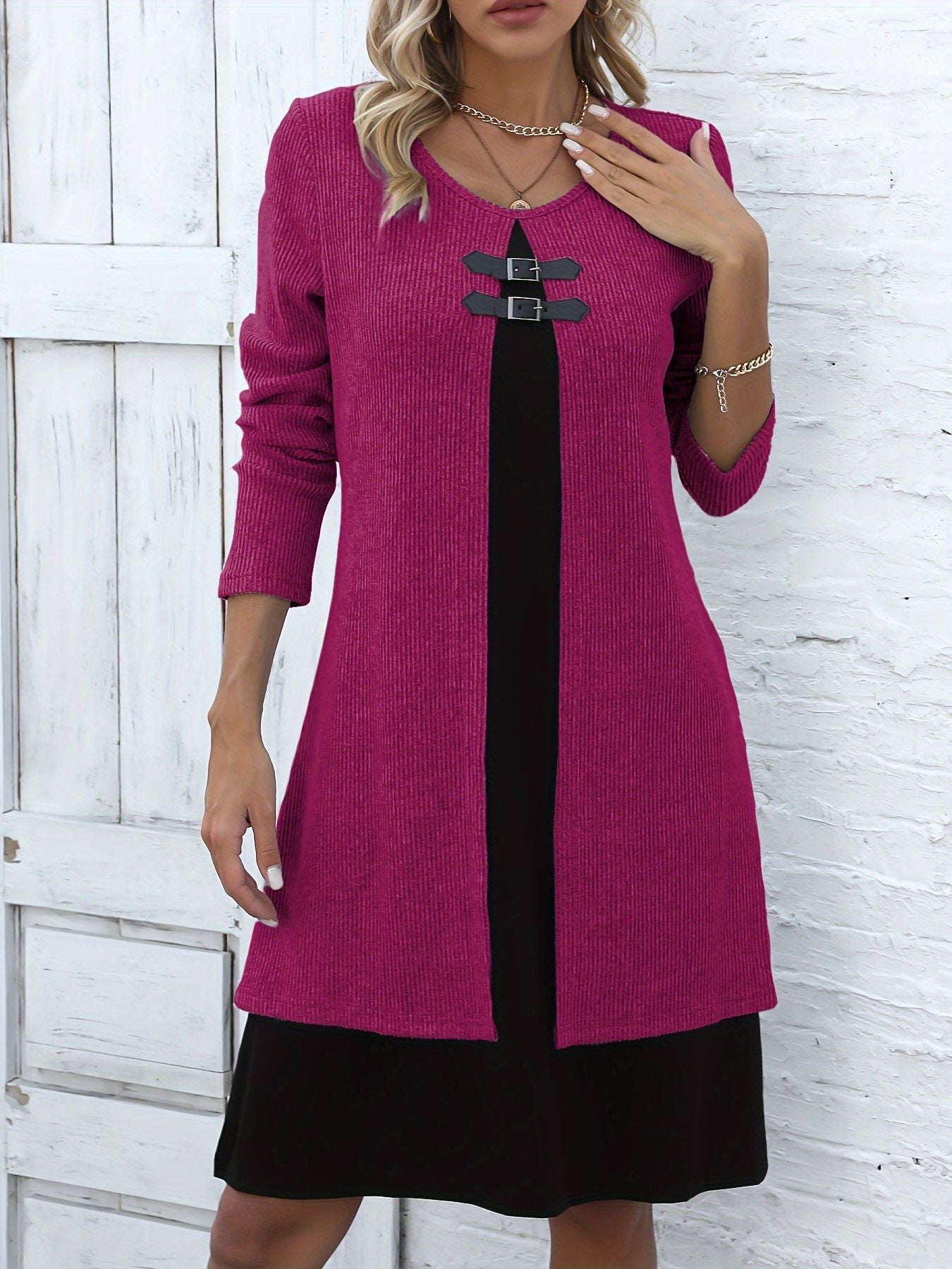 🔥💃【S-3XL】✨✨Nowa modna i elegancka zimowa sukienka sweterkowa w bloki kolorów 4181975