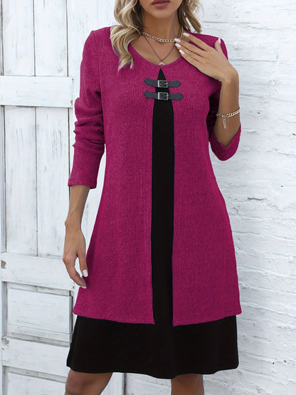 🔥💃【S-3XL】✨✨Nowa modna i elegancka zimowa sukienka sweterkowa w bloki kolorów 4181975