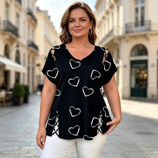 👚【S-5XL】V-nyakú póló szívecskés áttöréssel – stílusos és egyedi!