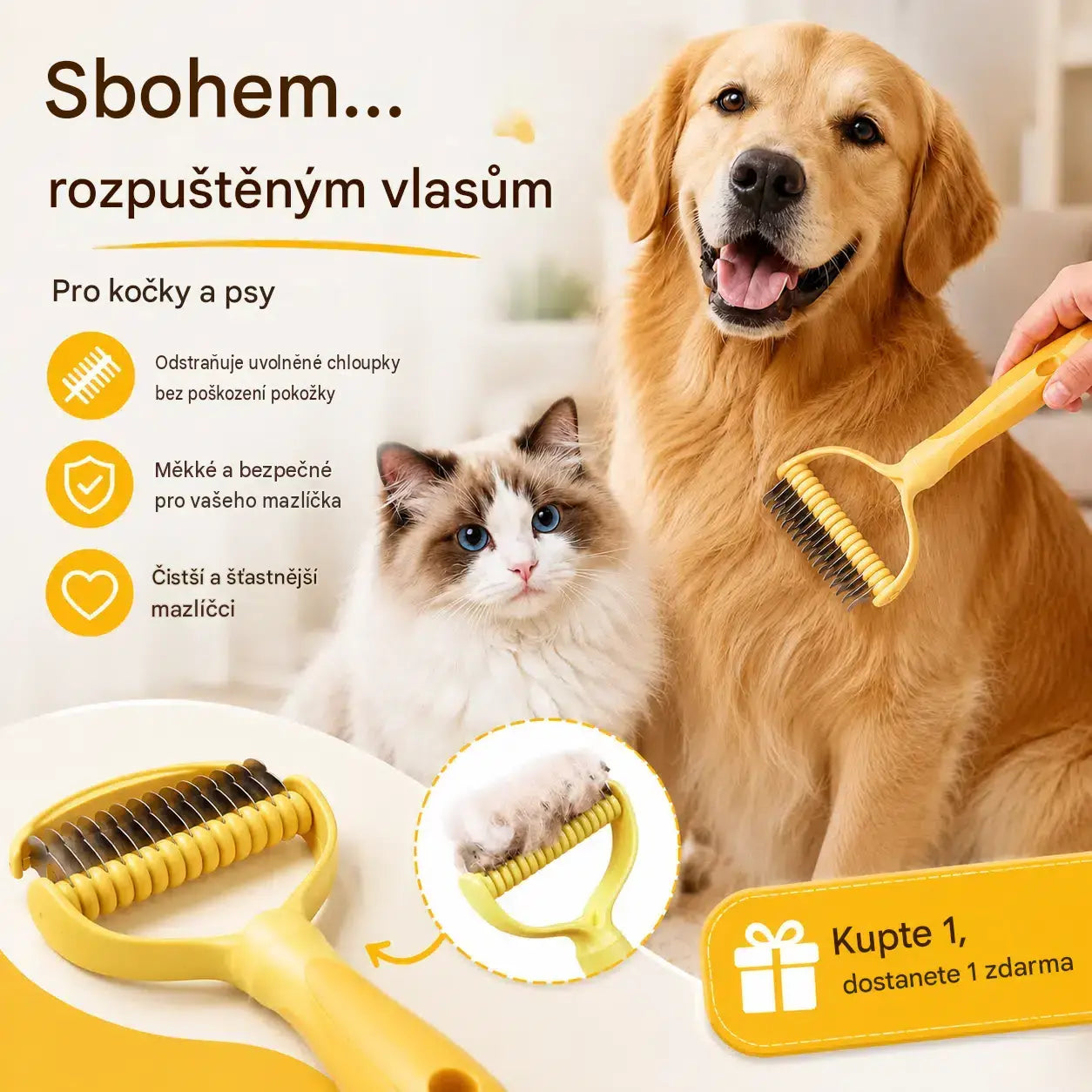 🐶【Kupte 1 a získejte 1 zdarma】-2 kusy--🧹 Oboustranný samočistící kartáč pro domácí zvířata: Odstraňuje odumřelé chlupy a snižuje vypadávání srsti u psů a koček.