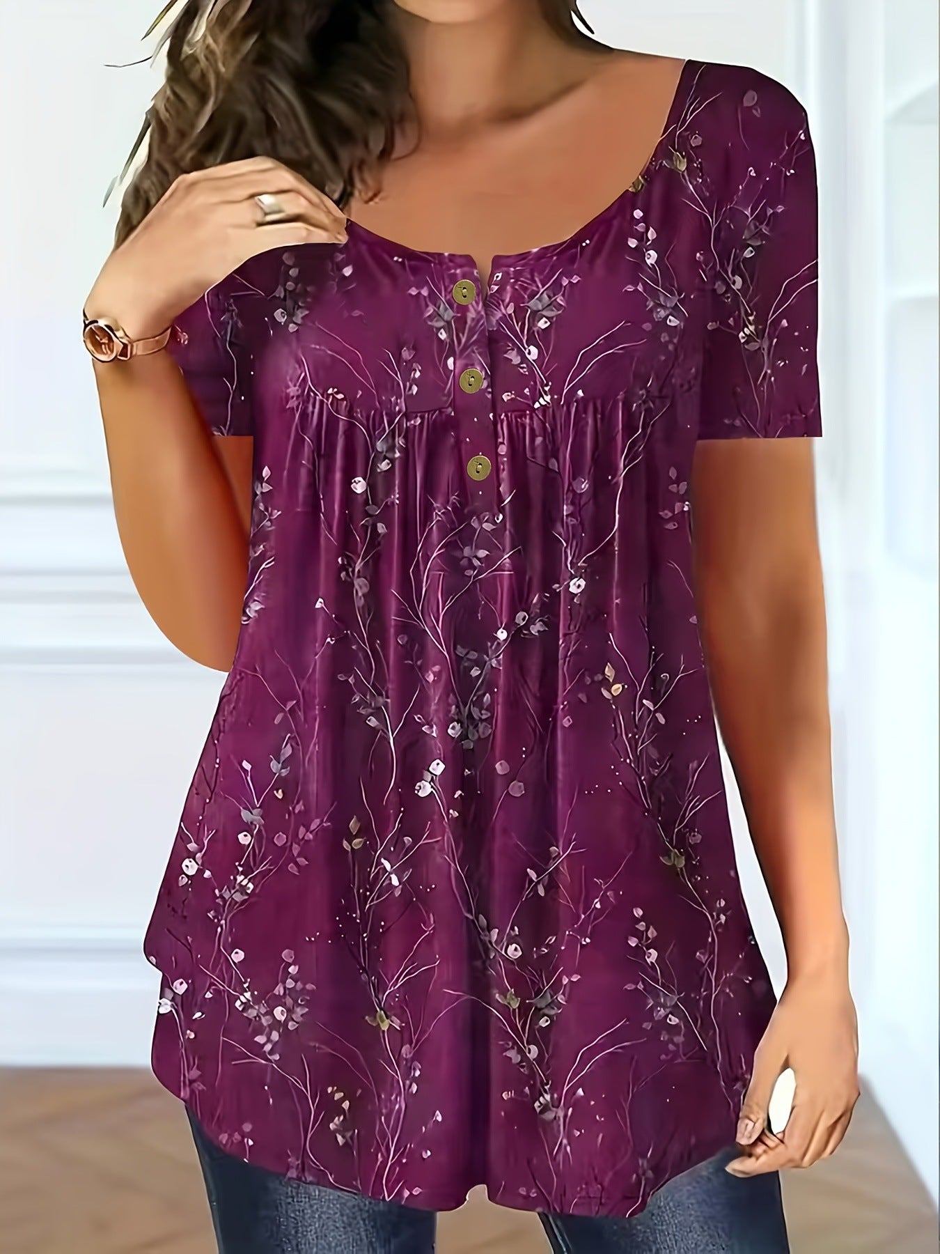 【L-6XL】📢🦋Dámský skládaný tunikový top s květinovým potiskem - elegance, která se s vámi pohne.🌸