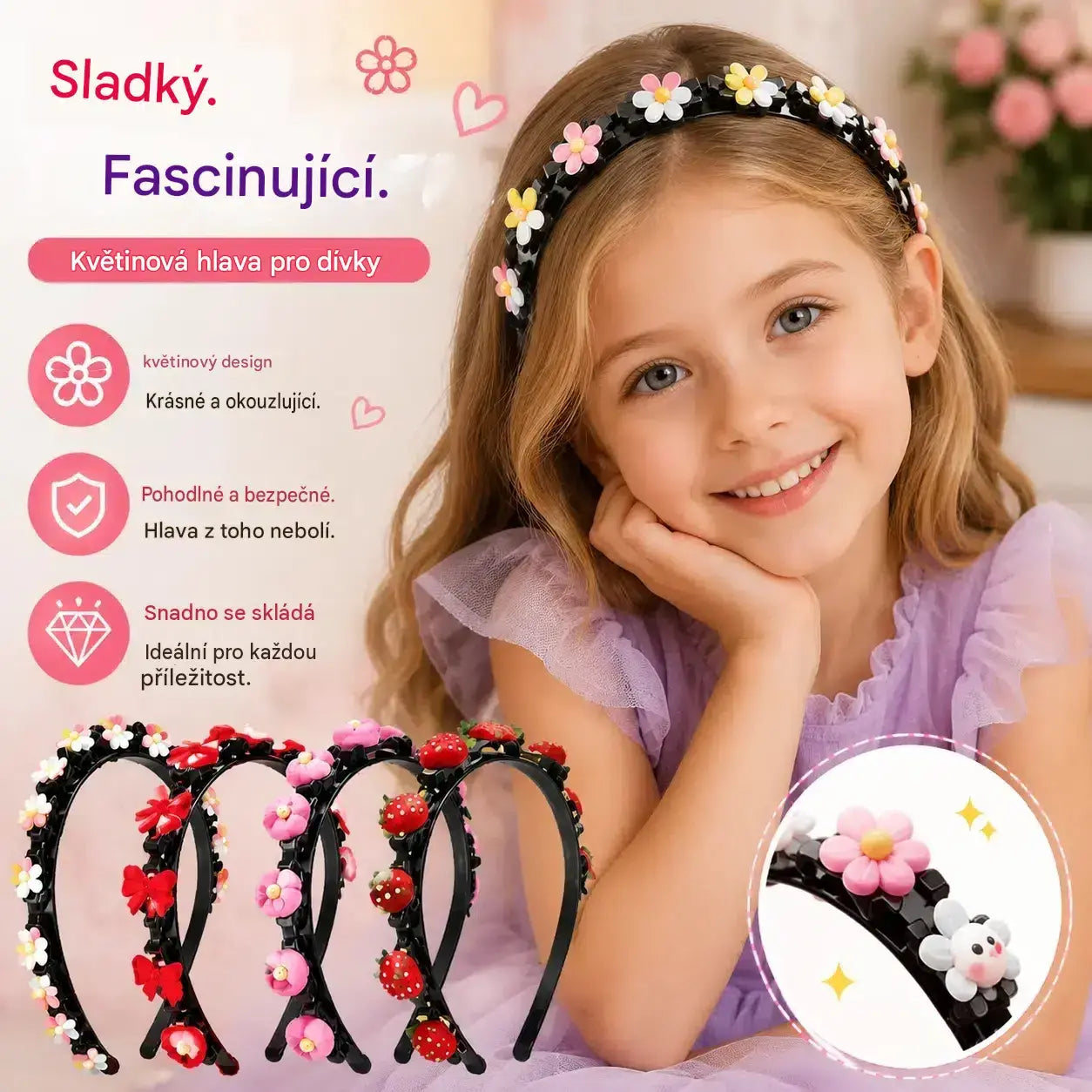 🌺👑【5dílná sada】Dětská květinová ozdobná čelenka